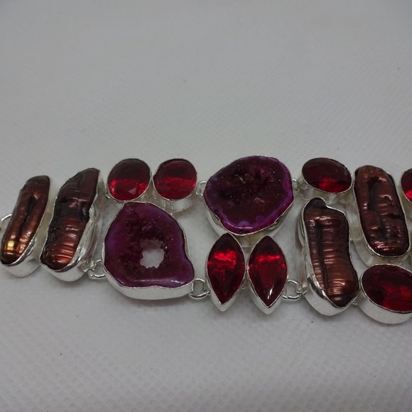Gorgeous "PURPLE GEODE DRUZY, BIWA PEARL & RUBY" Handmade Sterling Bracelet 929 - Picture 2 of 3